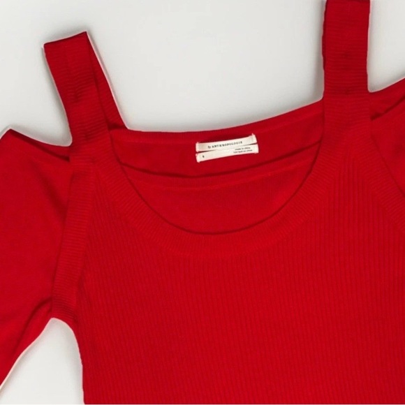 Anthropologie Jamie Open Shoulder Womens Size S Red Stretchy Ribbed Sweater - Picture 4 of 5